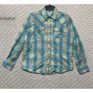 Back In The‎ Saddle Western Shirt Women M Blue Pearl Snap Geometric Cow girl